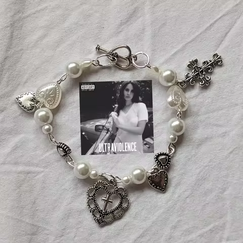 Y2K Handmade Rock Cross Bracelet,Lana del Rey themed charm bracelet