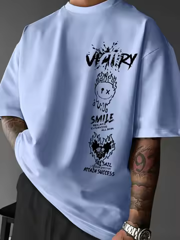 Men's 100% pure cotton fashionable casual comfortable loose creative graffiti print sports round nec