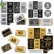 Happy 30th 40th 50th 60th 70th Birthday Stickers Candy Chocolate Bar Wrappers Gold/Silver Glitter La