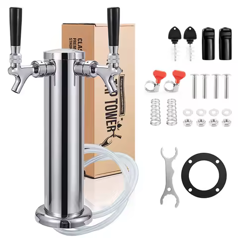 Dual Faucet Draft Beer Tower,3" Dia.Polished Beer Column Kegerator Homebrew Dispenser Kit with Pre-A