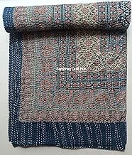 Hippie Queen Ajrakh Kantha Quilt Handmade Bohemain Bedspread King Size Vegetable Dye Kantha Blanket