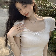 FCSG Summer Women Bow Lace Square Collar Short Sleeve T-shirt Korean Slim Crop Top HOT