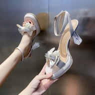 LE9 8cm Bow Fairy Word Belt Sandals - Thick Heel, Square Toe, Crystal Detail Shoes