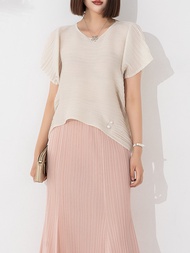 40681 One Size (45-75kg) Peplum Top Summer WomenS Horizontal Fold Loose Plus Size Crew Neck Pullover