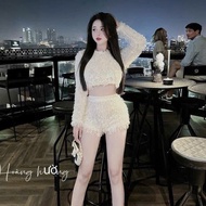 Very hot fur coat, long-sleeved crop top with Shorts, thick fur crop top set