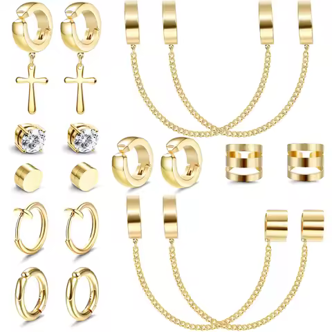 1-9 Pairs Gold Color 316L Stainless Steel Non-Piercing Clip on Cross Chain Dangle Hoop Earrings CZ M