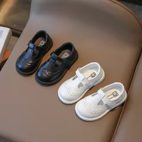 Kids T Strap Leather Shoes Formal Girls Princess Shoes Girl Breathable Flat Black White Child Baby T