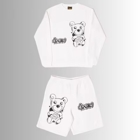 Drew House Men's 2 Piece Tracksuit Bear Print Crewneck Sweatshirt Shorts Set Casual Streetwear Match