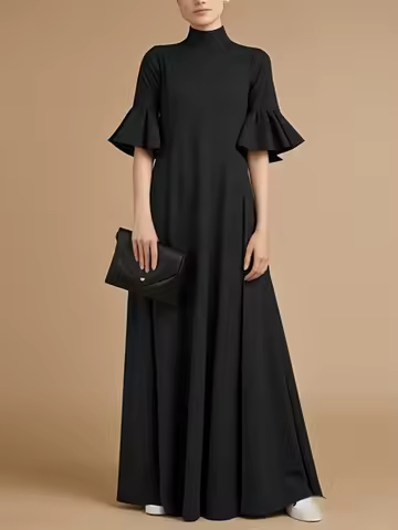 UOOZEE Women's Black Church A-Line Maxi Dress Flared Sleeves Pleated Solid Color Stand Collar Elegan