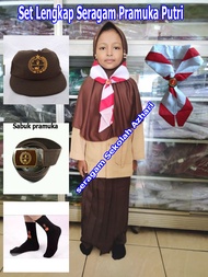 Set Lengkap Seragam Pramuka SD Perempuan+Jilbab Pramuka SD+Topi Pramuka+Hasduk Pramuka 110 cm+Sabuk 