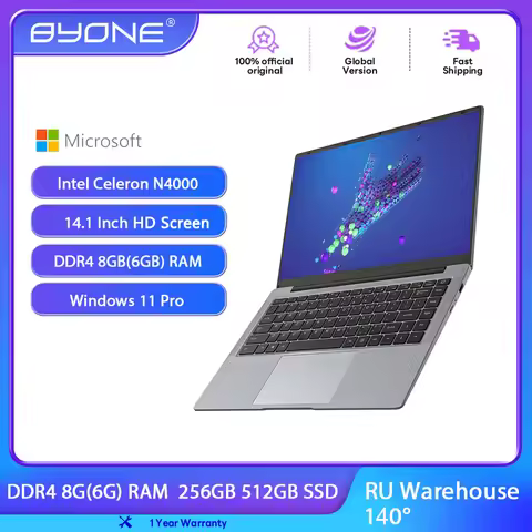 BYONE 14.1 Inch Laptop Intel N4000 8GB RAM 256GB 512GB SSD Windows 11 Notebook 1366*768 HD LCD Wifi 