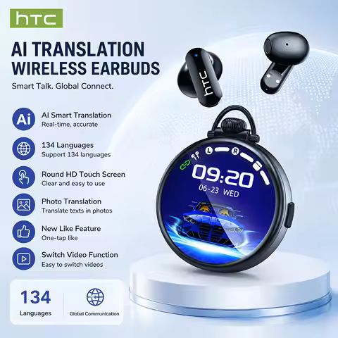 HTC NE71 AI Translator Earbuds Round HD Touch Screen Bluetooth Earphones Long Battery Portable Wirel