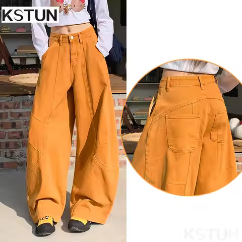 KSTUN 2026 Women's Baggy Jeans Orange Sickle Pants for Women Curved-Hem Wide-Leg Trousers Patchwork 