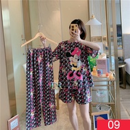 Baju Tidur Setelan Tiga Potong Celana Panjang + Pendek Piyama Wanita Dewasa 3 Potong Lengan Pendek A