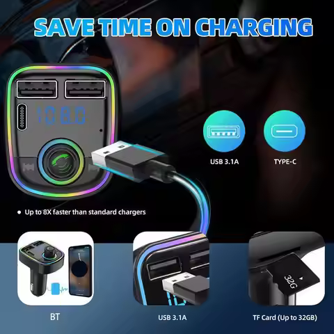 FM Transmitter PD Type-C Dual USB 3.1A Colorful Ambient Car Bluetooth Modulator Handsfree Light Play