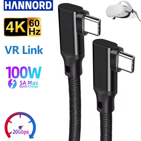 Hannord USB 3.2 Gen2 20Gbps VR Type C Data VR Link Cable USB C 4K 60Hz Video 90 Degrees 100W PD Fast