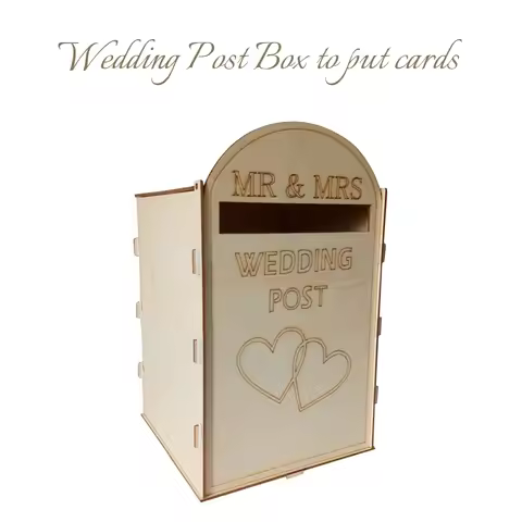 DIY Wooden Wedding Mailbox Post Box with Lock Rustic Hollow Gift Card Holder for Reception Wedding A