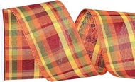 YAMA Fall Burlap Wired Ribbon 2.5 Inches x 10 Yards, Orange Buffalo Plaid Ribbon Fall Wired Gingham 