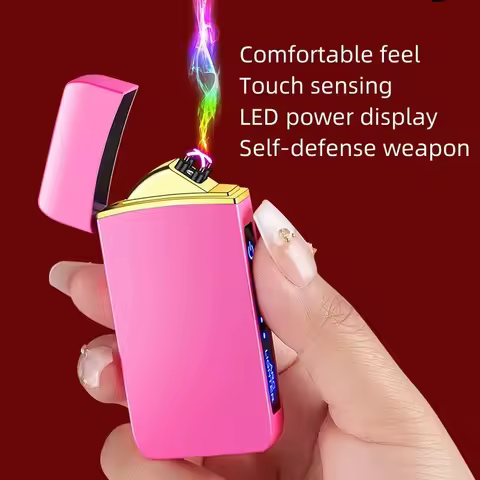 Pink Metal Windproof Electric Lighters Double Arc Flameless Plasma Rechargeable USB LED Power Displa