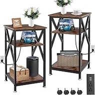 Living Room End Tables Set of 2, 12" D x 16" W x 28" H, End Table with Charging Station, 28 inch Tal