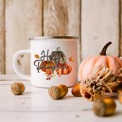 Hello Pumpkin Print Thanksgiving Enamel Mugs Coffee Cups Autumn Thanksgiving Party Drink Juice Cocoa