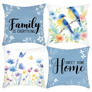 [Single Side] Polyester Cushion Cover Blue Flowers Bird "Family is..." Pattern Pillow Case 45x45cm