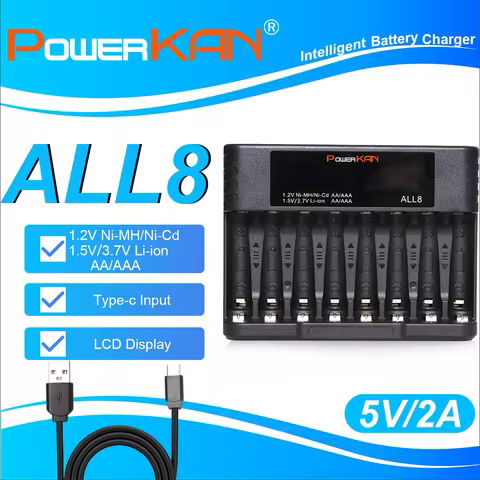 POWERKAN ALL8 8-Slot LCD Battery Charger for AA AAA 1.2V Ni-MH 1.5V/3.7V Li-ion Rechargeable Batteri