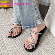 PRESTONRY Bright Rhinestone Flip-flops, Anti-slip PU Silver Flip Toe Slippers, 40-41 Yard Soft Flowe