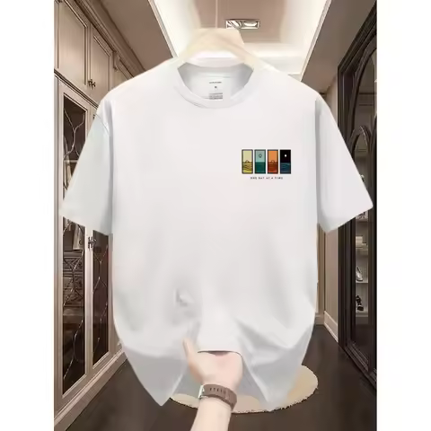 Men Minimal Chest Print Tee Sea Sunset Four Blocks One Day At A Time Cotton Short Sleeve Crew Neck C