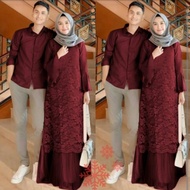 Baju Couple/Pasangan Kemeja Pria + Dress Maxi Gamis Cewek Warna Maroon