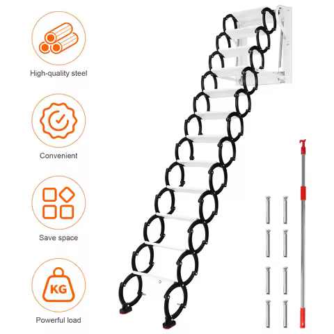 12 Steps Pulldown Attic Ceiling Ladder Stairs Up To 600lbs Folding Retractable Loft Ladders with Ant