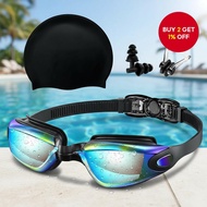 Swimming goggles and cap combo includes nose clip, earplugs, waterproof, leak-proof, anti-fog, and s