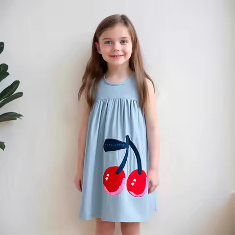 Little maven Little Girls Sleeveless Dresses Summer Children Casual Dresses Cherry Denim Dresses for