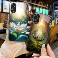 Oppo A17 / A17K / A58 5G / A78 / A98 5G Case Tempered glass shaped like Bodhi leaf, lotus, peace