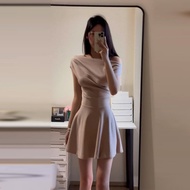 Jiaoren Anna | Pure Color French Style A-Line Mini Dress Womens Summer Slim Fit Waist Cinched Short 