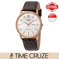 [Time Cruze] Orient Quartz Analog Rose Gold Tone Brown Leather Strap Black Dial Men Watch FUG1R005W6