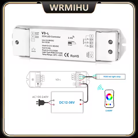 DC12V-36V 0-100% PWM V3-L CCT/Color Temperature/RGB 3in1 Dimmmer Controller 2.4GHz + Push Dim For 50