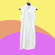 二手 古董訂製 白色 立領 開衩 無內裡 無袖 旗袍 CA417