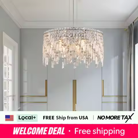 24" Luxurious Round Silver Crystal Chandelier, Contemporary Rectangular Pendant Light for Dining Roo