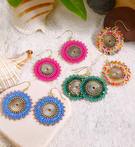 Badu Colorful Round Beaded Drop Earrings For Women Handmade Bohemia Beads Crystal Big Earrings Fashi