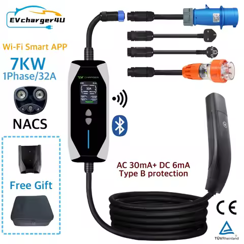 EVcharger4U For Tesla 7KW Portable EV Charger NACS 1Phase 32A 5M Cable with RCD Type B Protection Wi