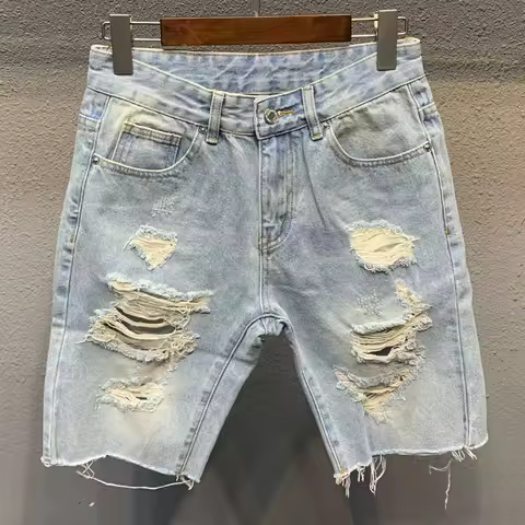 Men's Denim Shorts With Trendy Holes Rough Edges Light Blue Cropped Shorts Spring and Summer Youth