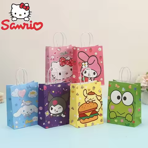 10PCS Sanrio Handbag Cartoon Hello Kitty Kuromi Cinnamoroll Paper Gift Bag Cute Birthday Gift Bag Bi