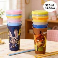 Disney Zootopia Judy / Nick 4-Piece Plastic Straw Cup 520mL/17.59oz, Cute Cartoon Character Design, 