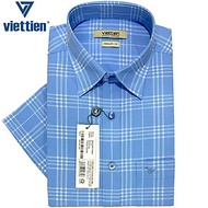 Viettien - Áo sơ mi nam ngắn tay xẻ tà lai ngang Sợi gỗ sồi Ca rô Xanh 6S0152 Regular - Ca rô