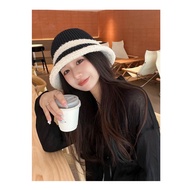 Knitted wool bucket hat with high quality fleece trim, elegant design, Korean style HT-A-118