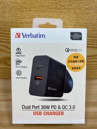 (原裝行貨) Verbatim Dual Port 36W PD &amp; QC 3.0 USB充電器
