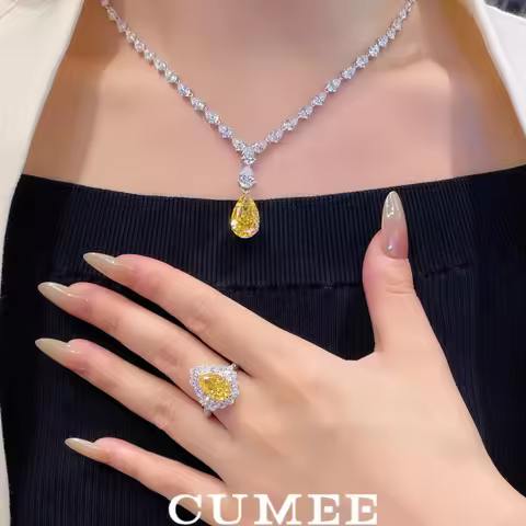 Cumee Fashion Super Sparkling Water Droplet Artificial Yellow Lab Created Gemstone Necklace for Wome
