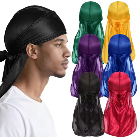 Men Satin Breathable Silky Durag Long Tail Doo Rag Pirate Hat Headband Turban Bandana Durag Headwear
