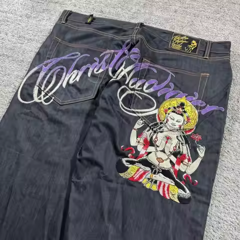 Baggy Wide Leg Y2K 2000s Loose Jeans Embroidered Buddha Casual Denim Pants Harajuku High Waist Strai